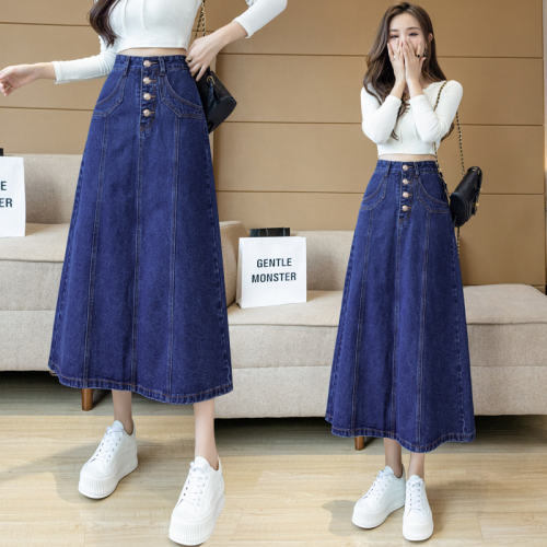 Real shooting new retro design feeling cowboy port style medium long high waist casual A-shaped skirt for women