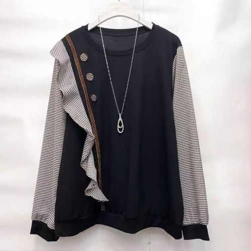 Korean fake two-piece sweater women's loose outer Ruffle Top foreign style retro Plaid long sleeve thin bottomed shirt