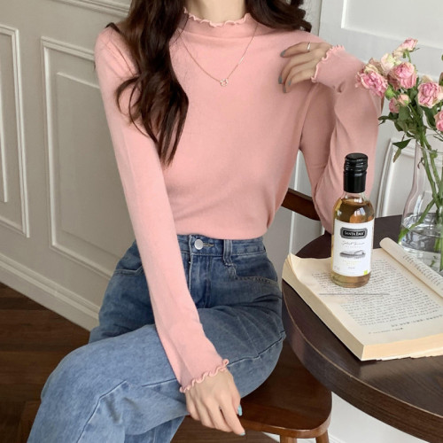 Real price autumn and winter solid color personalized fungus edge semi high collar bottoming shirt