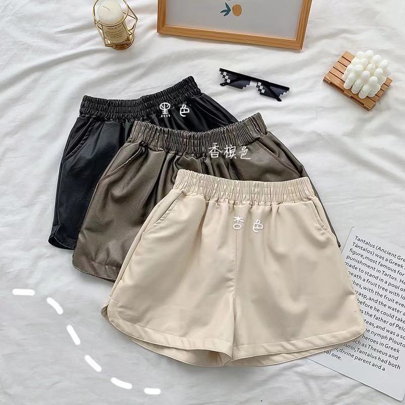 Real price real shooting high waist leather shorts women's new Korean loose wide leg pants leather pants show thin outer boots and pants