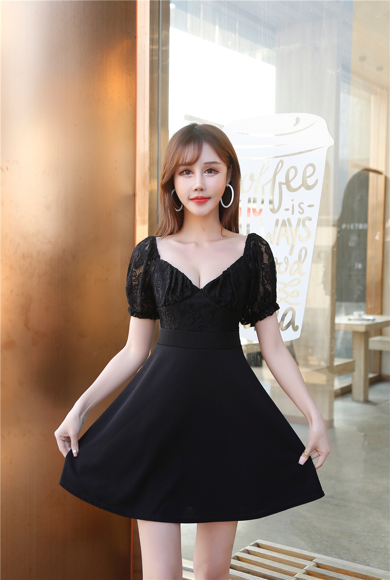 Real price fashion slim slim low cut V-neck straight shoulder Lace Sexy backless dress