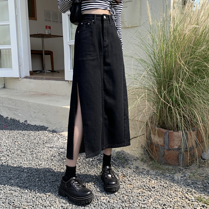 Real shot real price personalized split denim skirt women's medium length 2021 New High Waist Hip Wrap Skirt