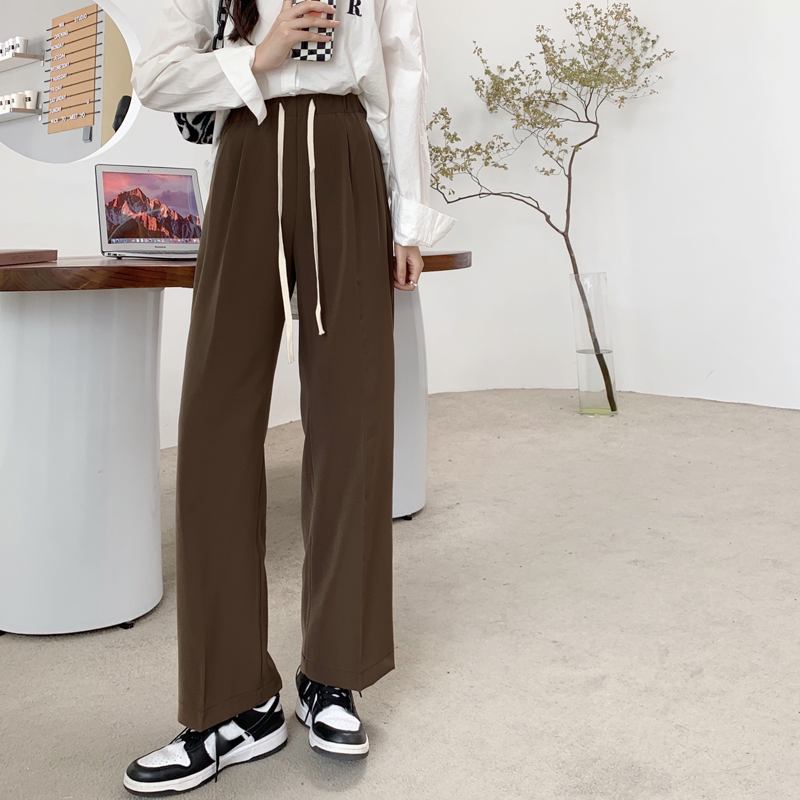 Real shot real price Korean version retro elastic waist lace up loose straight tube casual versatile solid color ol style pants women