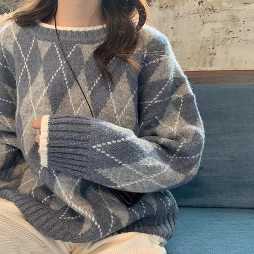 New Retro Japanese lazy style sweater women's new winter thickened top rhombic knitted pullover