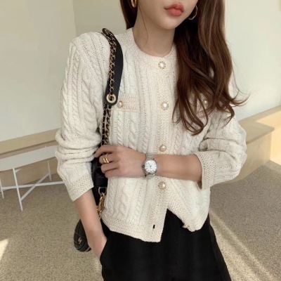 2021 temperament small fragrance pearl button foreign style versatile knitted cardigan sweater coat
