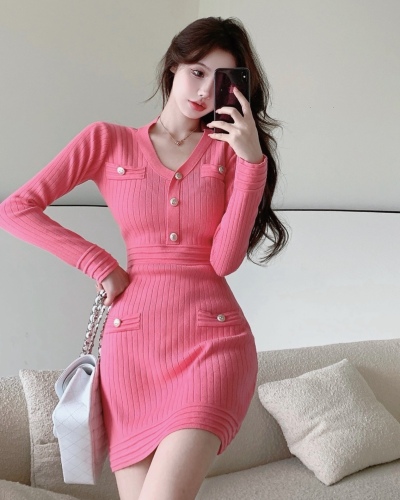 Real shooting of Xiaoxiang fashion knitted dress in autumn and winter new celebrities show thin, hip wrapped, waist hung, wool dress