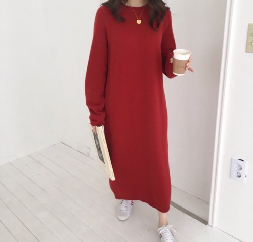 Lazy temperament solid color loose round neck long simple wool dress