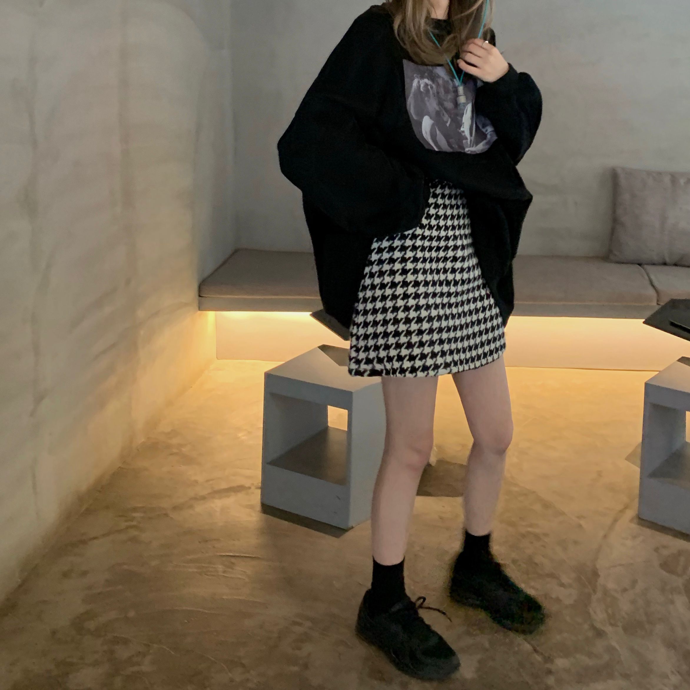 New real shooting real price thousand bird check wool skirt high waist Plush feeling thin check a-word zipper skirt