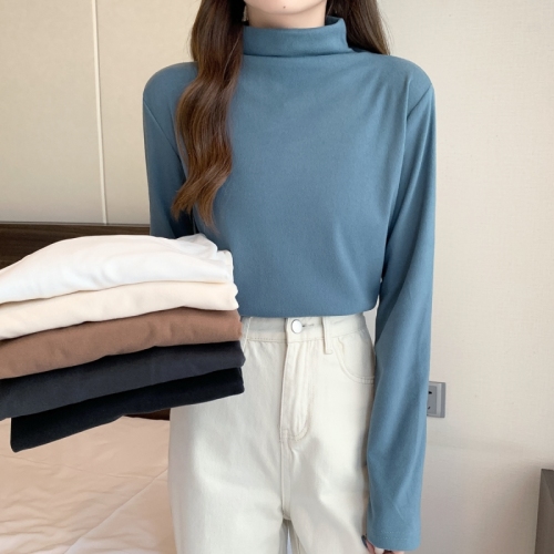 Real shooting autumn and winter half high collar de velvet women's long sleeved top solid T-shirt with basic bottoming shirt inside