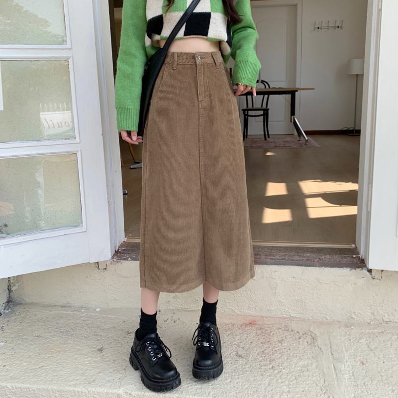 Real shooting and real price new corduroy color skirt women's Korean version high waist back slit real word skirt middle skirt