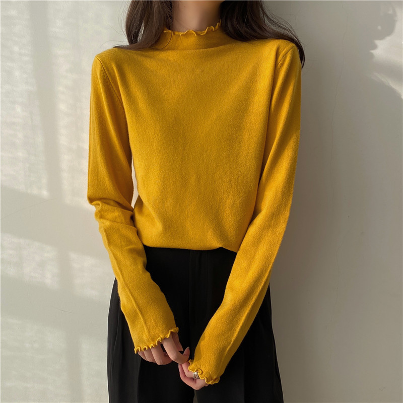 Fungus edge knitted women's autumn and winter Korean version slim fit and versatile solid color long sleeve half high collar top bottomed shirt