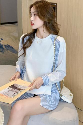 Fake two piece sweater women's new women's spring and autumn thin fashion stripe stitching top Japanese and Korean style shirt