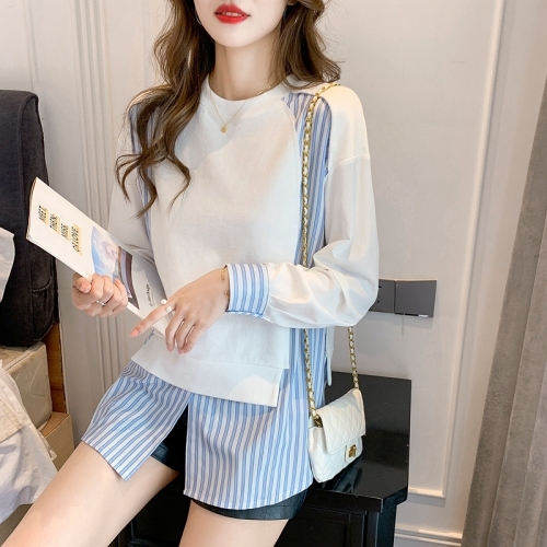 Fake two piece sweater women's new women's spring and autumn thin fashion stripe stitching top Japanese and Korean style shirt