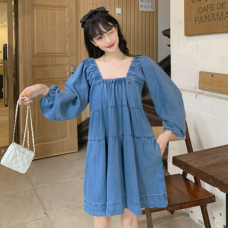 Real shooting, real price, new girl feeling, age reducing bubble sleeve trapezoidal collar, meat covered doll denim dress