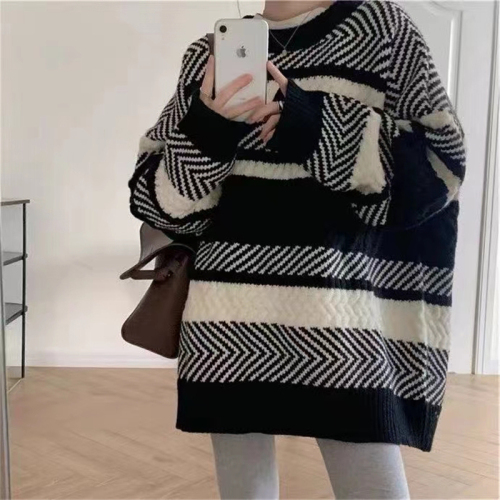Striped sweater women's autumn winter loose Pullover lazy wind wear thin knitted sweater top chic early autumn coat