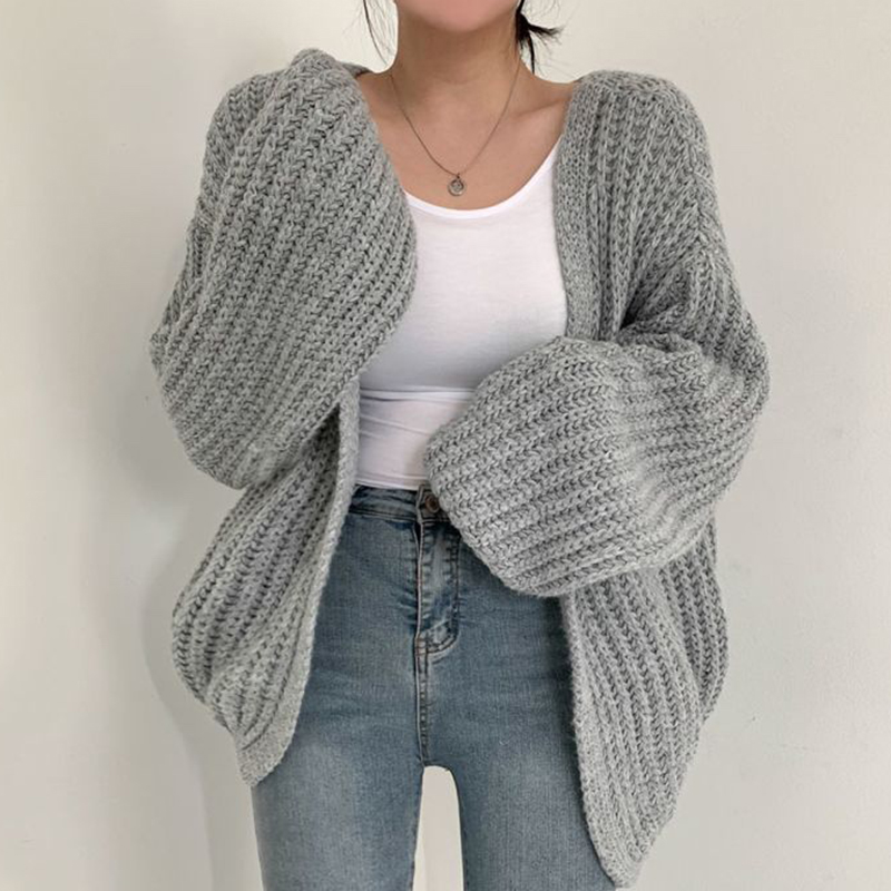 Korean chic autumn lazy style V-neck versatile loose casual Solid Color Lantern Sleeve knitted cardigan sweater coat