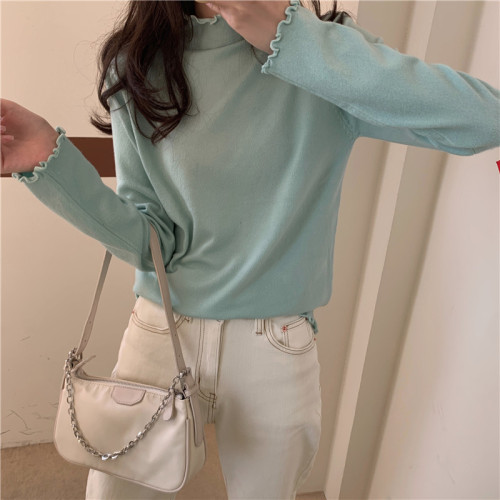 Fungus edge knitted women's autumn and winter Korean version slim fit and versatile solid color long sleeve half high collar top bottomed shirt