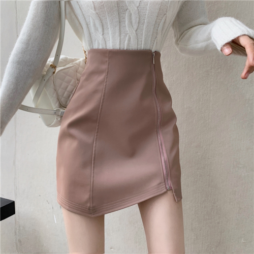 Real shooting, real price, versatile, high waist, hip, slim, fashionable zipper leather word skirt