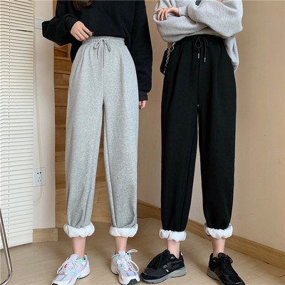 Plush thickened sweatpants for female students Korean version loose wide legs winter grey tied feet high waist slim casual pants