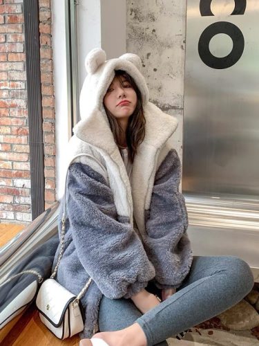  winter cute bear ear fur coat women's warm hooded Lamb Fur imitation fur coat