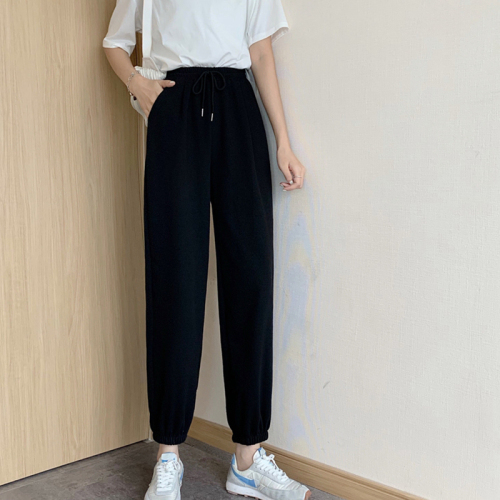Plush thickened sweatpants for female students Korean version loose wide legs winter grey tied feet high waist slim casual pants