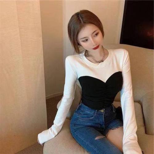  new Hong Kong Vintage Pullover fake two piece stitched pleated long sleeve top women's personalized slim bottomed shirt fashion