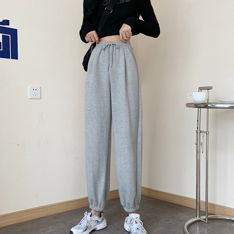 Plush thickened sweatpants for female students Korean version loose wide legs winter grey tied feet high waist slim casual pants