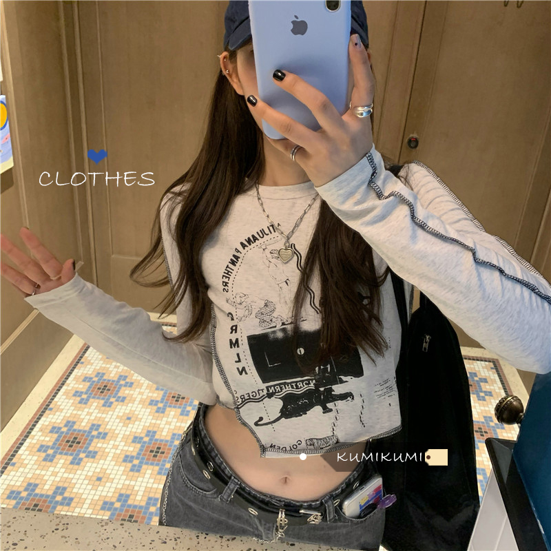 Heart revealing navel short irregular fashion printed T-shirt women's summer Korean version
