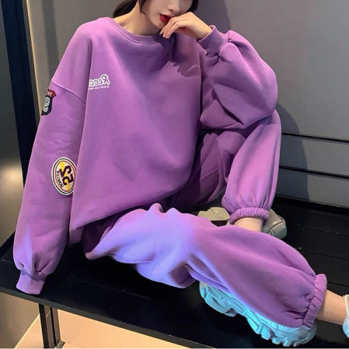 Purple leisure sports Plush thickened suit women's spring and autumn new age reducing fashion round neck Pullover two-piece set