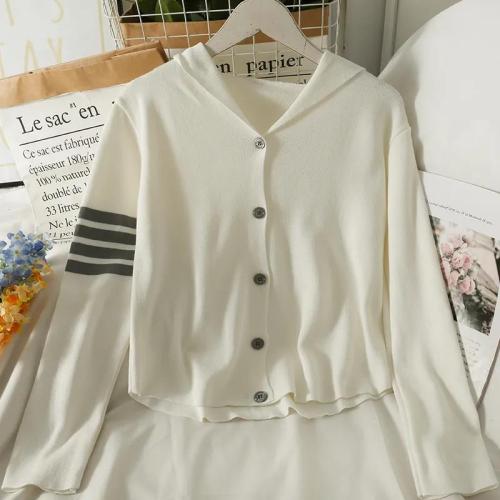 Official picture new striped single breasted hooded cardigan top autumn decoration thin short long sleeved sweater