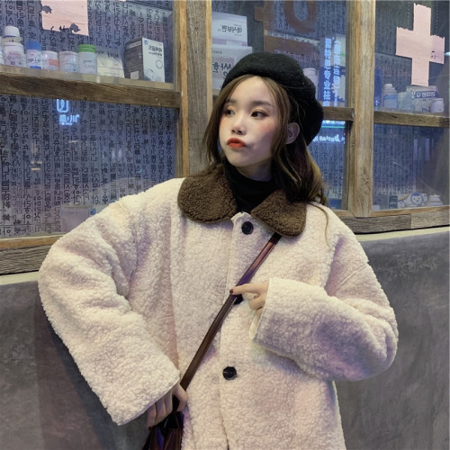 Color matching Lapel lamb Plush coat women's autumn and winter 2021 new loose and versatile Jacket Top