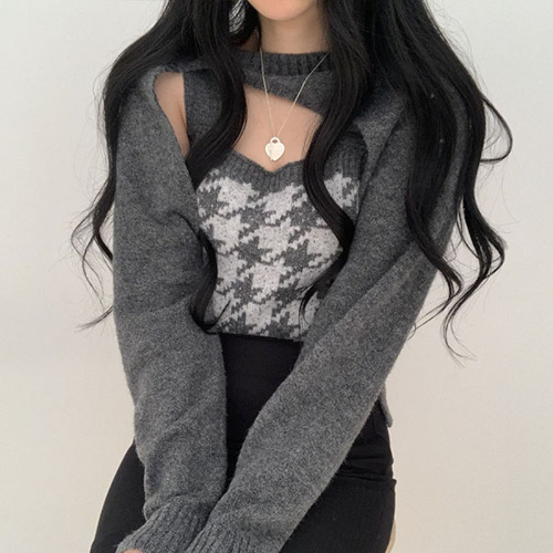 Real price lattice lazy style blouse knitted cardigan long sleeved cashmere sweater vest top two-piece set