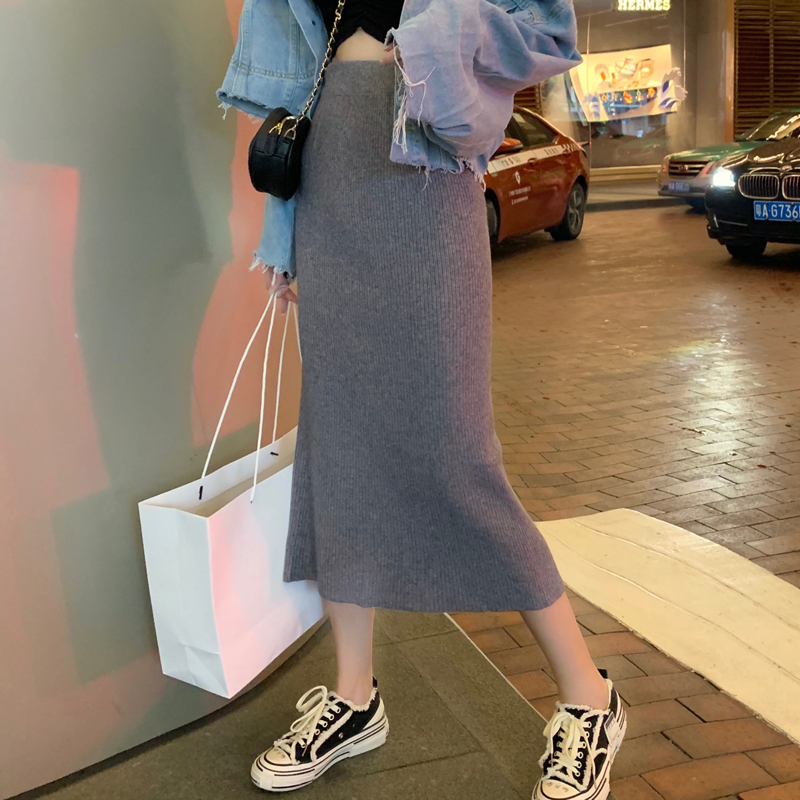 Real price! Knitted skirt for women in autumn and winter medium length A-shaped high waist split thin Hip Wrap Skirt