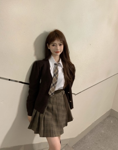 Real price Korean autumn and winter school uniform style knitted sweater shirt with A-line Pleated Skirt Set