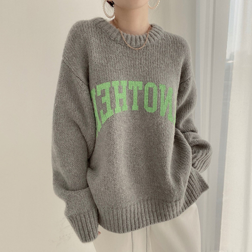 Korean chic exotic candy color round neck letter printed Pullover loose skin friendly long sleeve thickened knitted sweater women