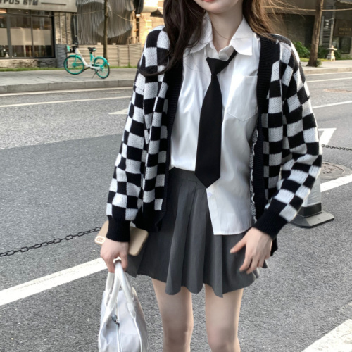 Real price chessboard sweater coat tie shirt skirt suit