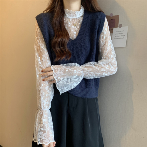 Real price new vintage sweater knitted vest with vest ➕ Lace high collar backing
