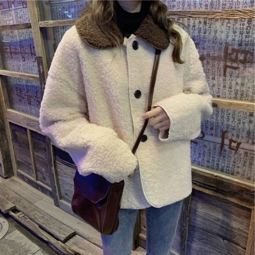 Color matching Lapel lamb Plush coat women's autumn and winter 2021 new loose and versatile Jacket Top
