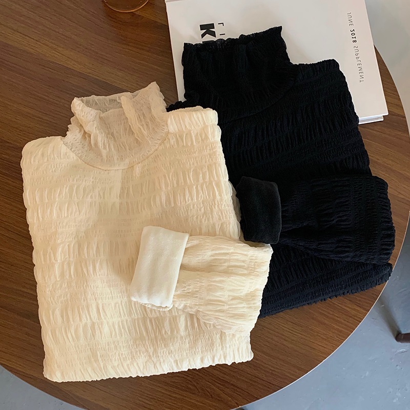 2021 autumn and winter new foreign style high neck lace Plush bottomed shirt Korean women's wear