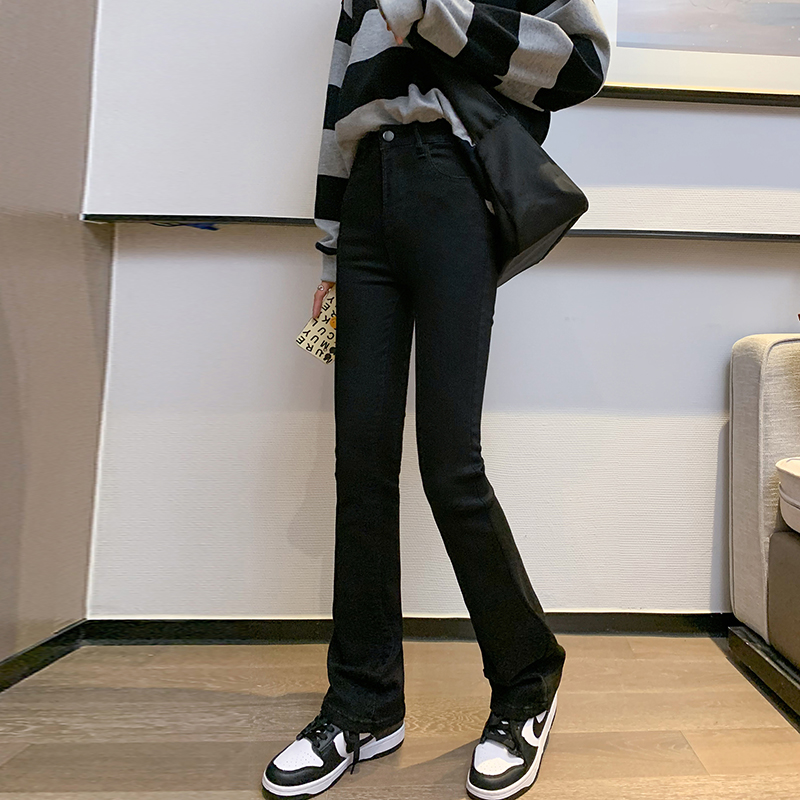 Real shot horn Plush autumn and winter new high-grade light luxury elastic jeans show thin wide leg jeans pants