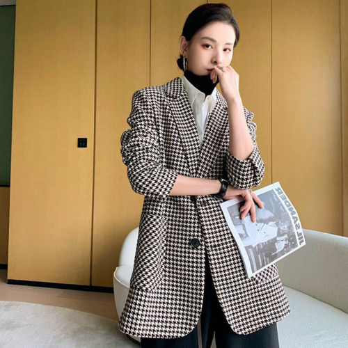 Thousand bird check wool suit coat women's middle long autumn and winter new style versatile Plaid Wool Coat women