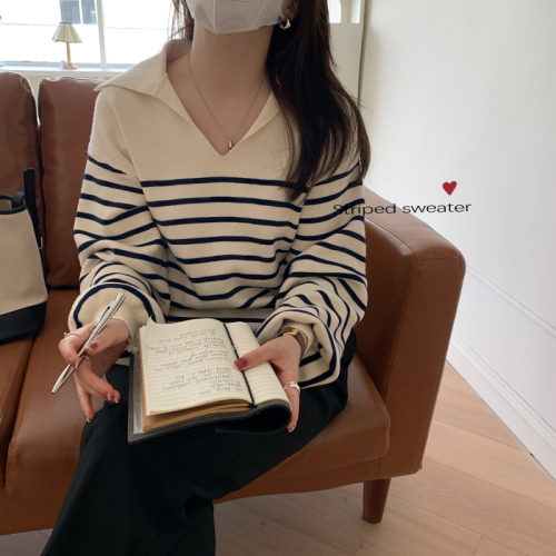 Real shot French retro lazy stripe polo collar encrypted imported machine quality long sleeve Pullover Sweater