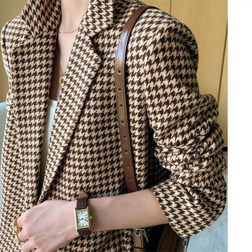 Thousand bird check wool suit coat women's middle long autumn and winter new style versatile Plaid Wool Coat women