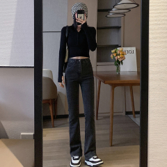 Real shot horn Plush autumn and winter new high-grade light luxury elastic jeans show thin wide leg jeans pants