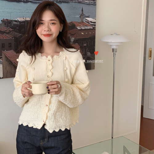 Real shot heavy industry hook flower retro clever aging handmade wool ball wave collar cardigan warm coat sweater