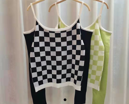 Short high waist checkerboard sweater ins chic design sense of small public mind sweet and spicy off shoulder sling Knitted Top