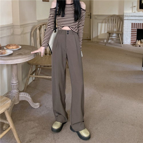 Real shot real price Brown vertical feeling suit pants autumn high waist thin loose straight pants women