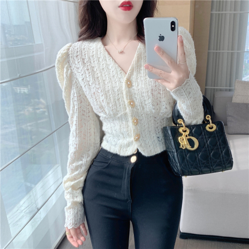 Real shot real price collar bubble sleeve lace shirt waist closed long sleeve with bottom frosted thick women's top