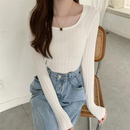 Real shot real price early autumn Korean version simple basic style pit strip solid color thin square neck bottomed sweater top female