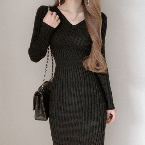 Korean ins Vintage knitted dress slim long sleeve Hip Wrap Skirt